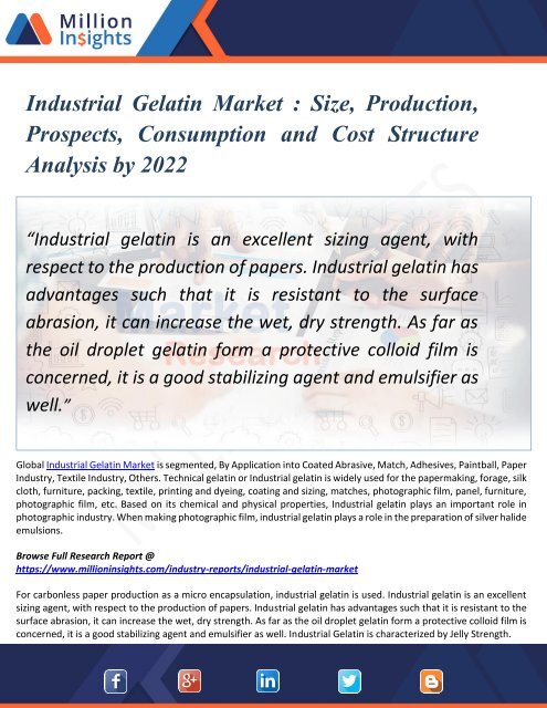 Industrial Gelatin Market  - Industry Research Report Growth Analysis till 2017 and Forecast Analysis to 2022
