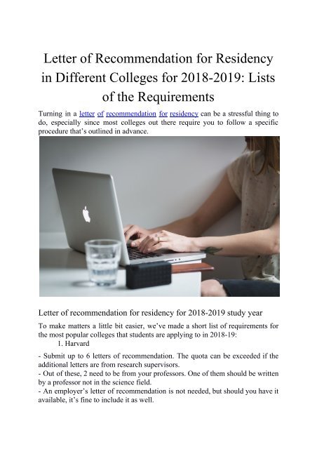 Letter of Recommendation for Residency in Different Colleges for 2018-2019: Lists of the Requirements