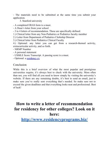 Letter of Recommendation for Residency in Different Colleges for 2018-2019: Lists of the Requirements