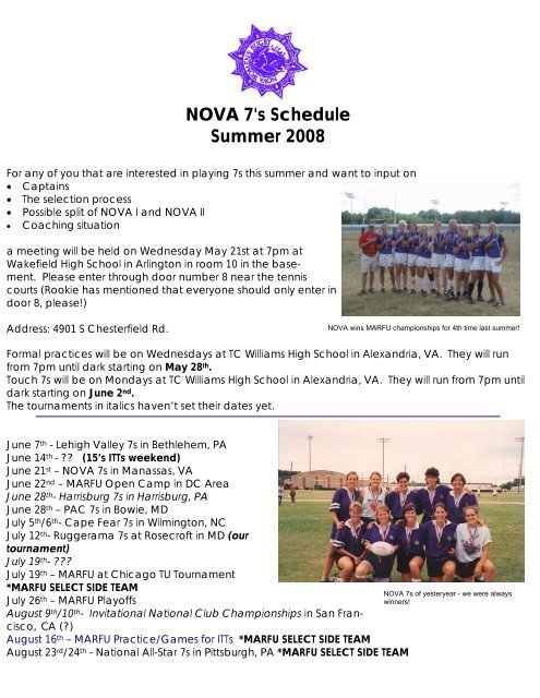 NOVA 7's Schedule Summer 2008 - Northern Virginia Women's ...