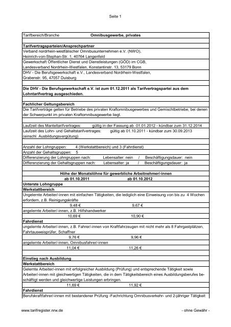 Omnibusgewerbe, privates - Tarifregister NRW