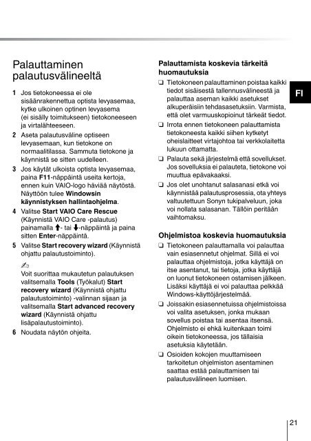 Sony VPCEB2C4E - VPCEB2C4E Guide de d&eacute;pannage Finlandais