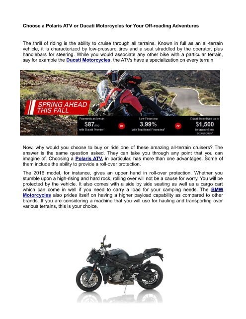 Choose a Polaris ATV or Ducati Motorcycles for Your Off-roading Adventures