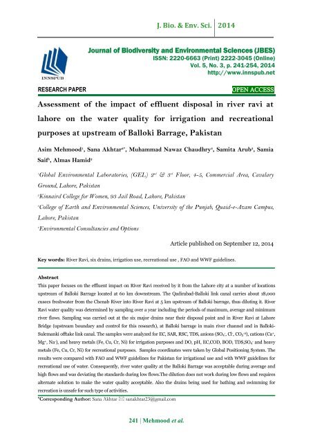 Assessment of the impact of effluent disposal in river ravi at lahore on the water quality for irrigation and recreational purposes at upstream of Balloki Barrage, Pakistan