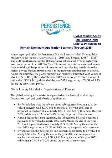 Printing Inks Market Projected to Reach US$ 27,500 Mn by 2025