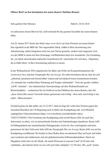 Offener Brief an den Intendanten des Neuen Theaters Halle, Matthias Brenner