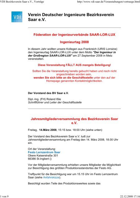 VDI Bezirksverein Saar e.V., Vorträge - Verein Deutscher Ingenieure ...