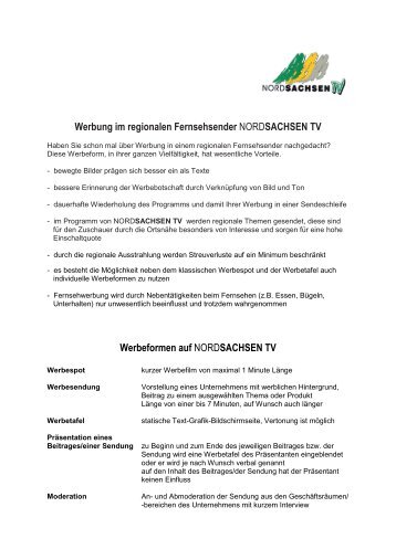 Mediadaten des regionalen Fernsehsenders NORDSACHSEN TV