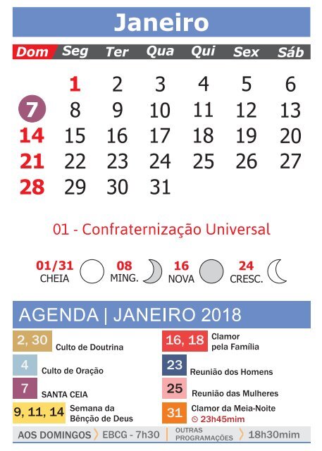 Calendário 2018 - Agenda Programada