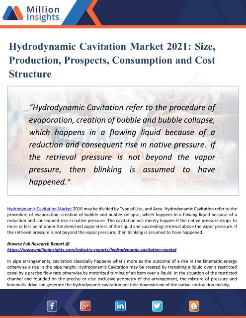 Hydrodynamic Cavitation Market by Type, Application, Supply Mode - Global Forecast to 2021