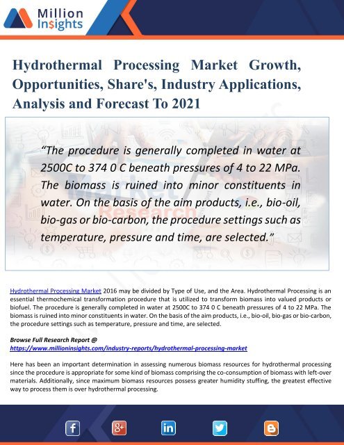 Hydrothermal Processing Market  2021 - Industry Analysis, Size, Share and Forecast Report 
