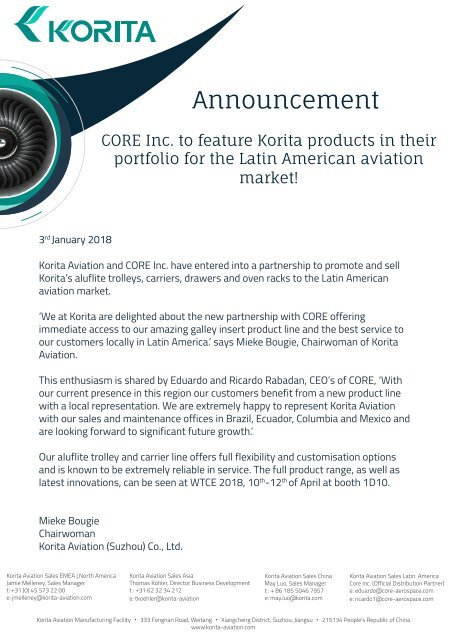 CORE Inc. to feature Korita products in their portfolio for the Latin American aviation market