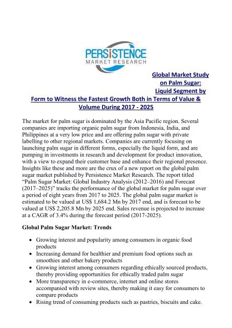 Palm Sugar Market Expected to Touch US$ 2,000 Million by 2025