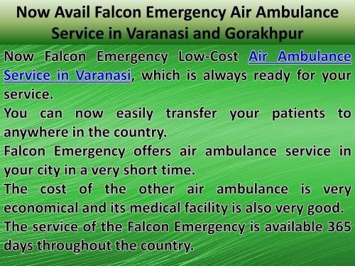 Now Avail Falcon Emergency Air Ambulance Service in Varanasi and Gorakhpur