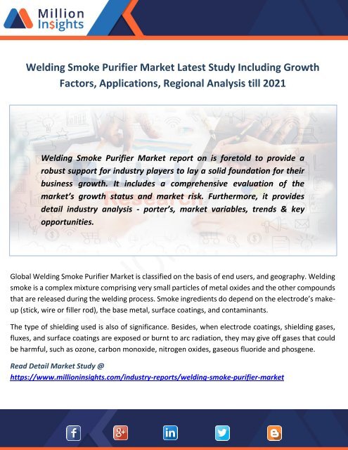 Welding Smoke Purifier Market Latest Study Including Growth Factors, Applications, Regional Analysis till 2021