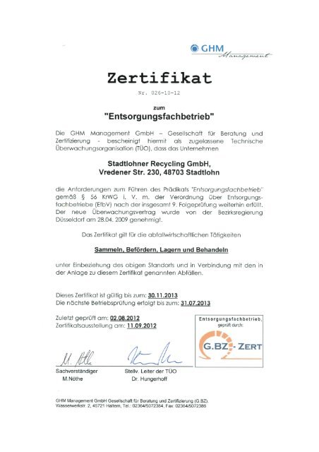 Zertifikat - Stadtlohner Recycling