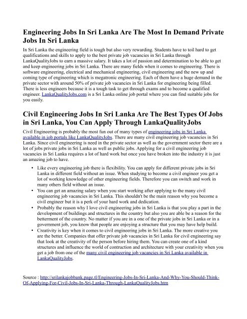 Engineering Jobs In Sri Lanka