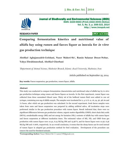 Comparing fermentation kinetics and nutritional value of alfalfa hay using rumen and faeces liquor as inocula for in vitro gas production technique