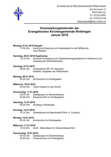 Termine  Ev. Kirchengemeinde Rinklingen  Januar 2018