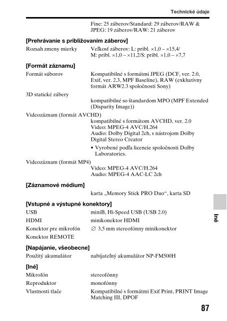 Sony SLT-A57M - SLT-A57M Consignes d&rsquo;utilisation Slovaque