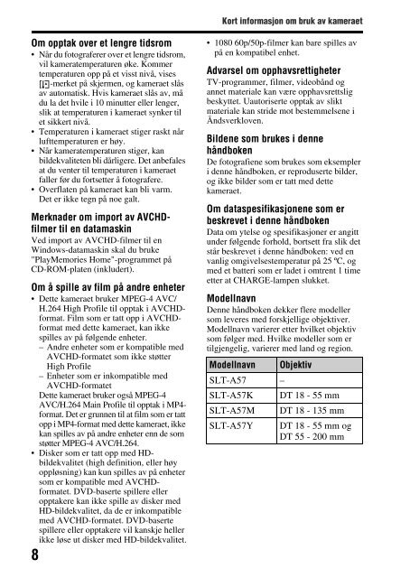 Sony SLT-A57M - SLT-A57M Consignes d&rsquo;utilisation Norv&eacute;gien