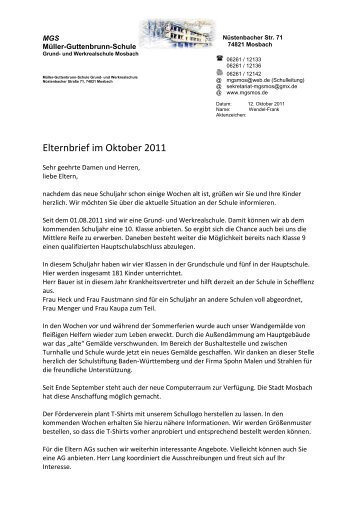 Elternbrief im Oktober 2011 - Müller-Guttenbrunn-Schule Mosbach