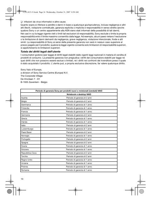 Sony VGN-NR21S - VGN-NR21S Documents de garantie Italien