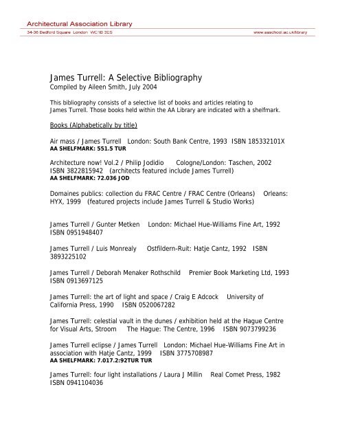 James Turrell: A Selective Bibliography - Architectural Association ...