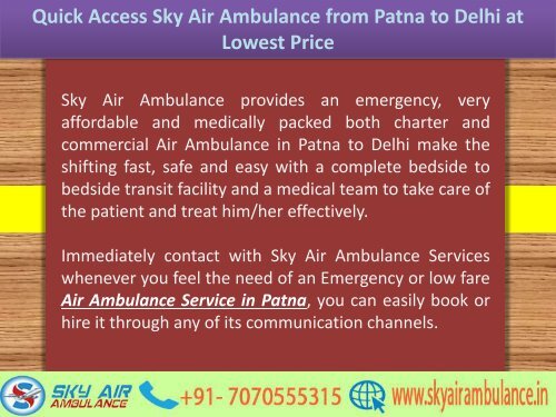 Quick Access Sky Air Ambulance from Patna to Delhi at Lowest Price