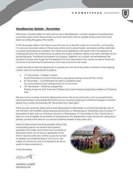 Coombeshead Academy Headteacher Update - Nov