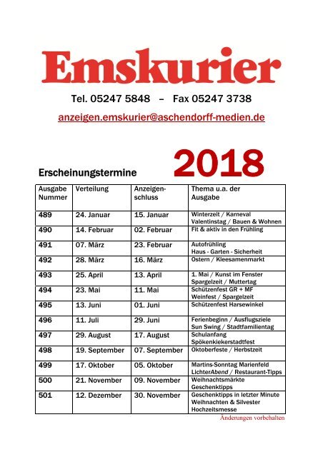 S-Erscheinungsplan 2018