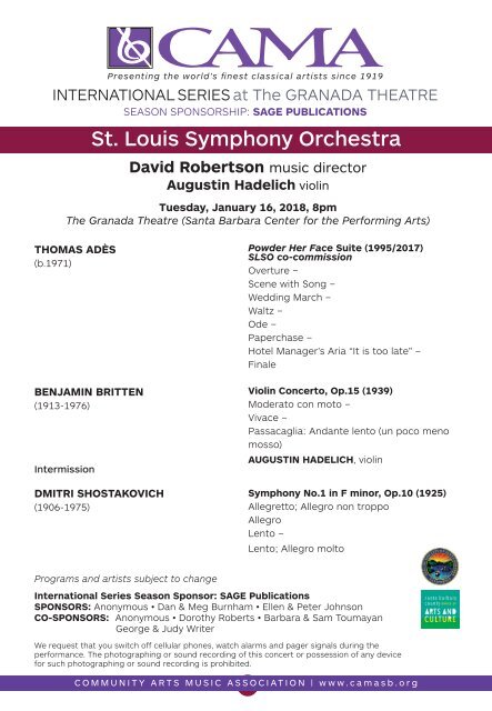 Program Notes – St. Louis Symphony – January 16, 2018 – CAMA