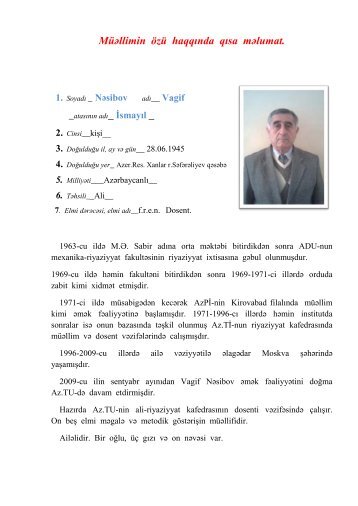 Müəllimin özü haqqında qısa məlumat. 1. Soyadı _ Nəsibov