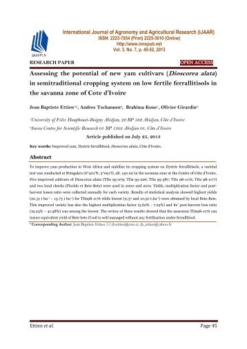 Assessing the potential of new yam cultivars (Dioscorea alata) in semitraditional cropping system on low fertile ferrallitisols in the savanna zone of Cote d’Ivoire