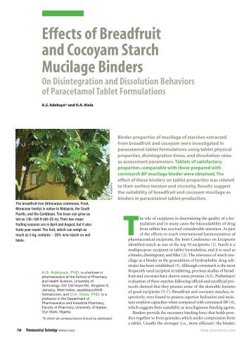 Effects of Breadfruit and Cocoyam Starch Mucilage Binders