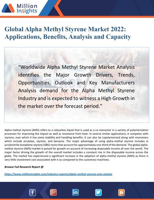 Global Alpha Methyl Styrene Market 2022: Outlook by New Horizons, Key Companies 