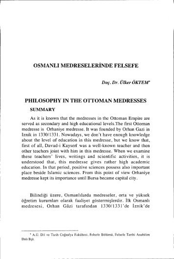 OSMANLı MEDRESELERİNDE FELSEFE PHILOSOPHY IN THE ...