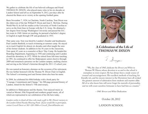 A Celebration of the Life of THOMAS W. DIXON - Landon School