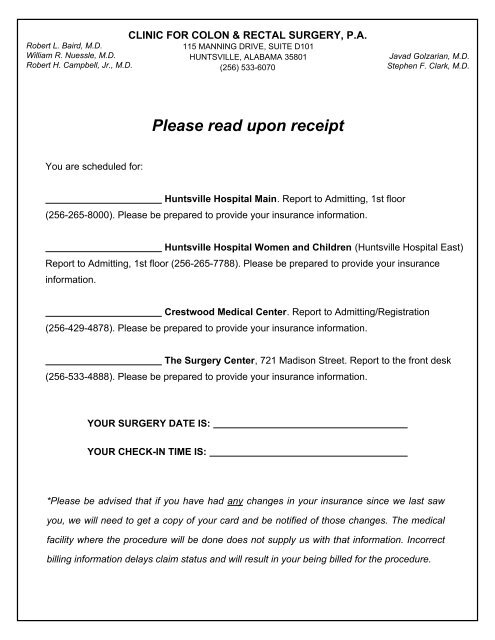 Please read upon receipt - Clinic for Colon and Rectal Surgery
