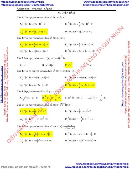 Nguyên hàm - Tích phân - Số phức - 60 CÂU TRẮC NGHIỆM + ĐÁP ÁN