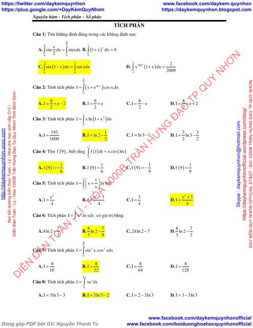 Nguyên hàm - Tích phân - Số phức - 60 CÂU TRẮC NGHIỆM + ĐÁP ÁN