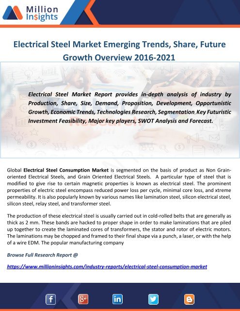 Electrical Steel Market Emerging Trends, Share, Future Growth Overview 2016-2021