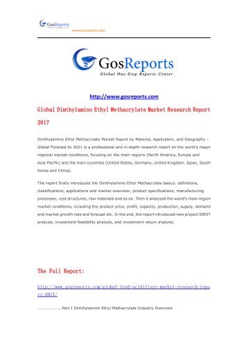 E-mailinfo@gosreports.com  Global Dimthylamino Ethyl Methacrylate Market Research Report 2017