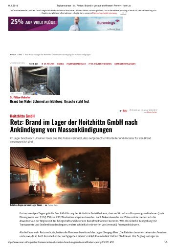 Retz, Brand im Lager der Hoitzhittn GmbH nach Ankündigung von Massenkündigungen, noen