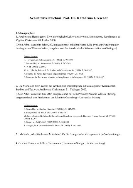 Schriftenverzeichnis Prof. Dr. Katharina Greschat - Evangelisch ...