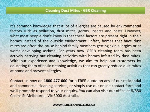 Cleaning Dust Mites - GSR Cleaning