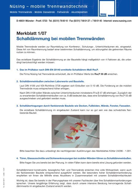 Schalldämmung bei mobilen Trennwänden Merkblatt 1/07