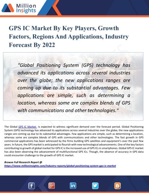 GPS IC Market by 2022 - Analysis, Growth, Drivers, Challenges, Trend, Forecast and Vendors Analysis with Top Vendors