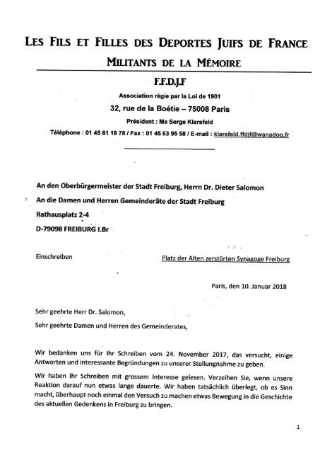 Brief SB Klarsfeld an Herr Dr Dieter Salomon Oberbürgermeister [10786]