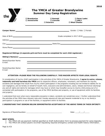 2018 - Camp Octorara (Octorara YMCA) Registration Form